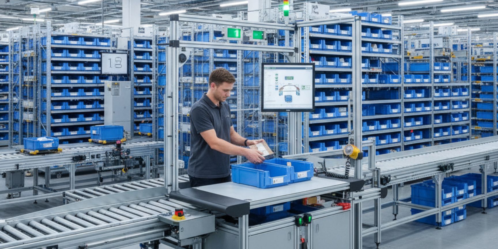 A modern picking workstation based on the goods-to-person principle. An employee stands at an ergonomic station and removes items from a blue container that has been automatically brought in via a conveyor belt. In the background is a fully automated high-bay warehouse with further blue storage containers and conveyor technology. A monitor at the workstation shows instructions for item removal.